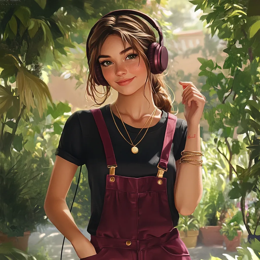 Here's a description of the image:

A digital painting showcases a young woman with shoulder-length brown hair, wearing maroon overalls over a black t-shirt.  She has on dark purple over-ear headphones and is adorned with gold necklaces and bracelets. Her expression is pleasant and she appears relaxed, one hand resting gently on her hip, the other near her wrist.  She is standing amidst lush green foliage, bathed in soft, natural sunlight, which casts a warm glow on her.  The overall style is hyperrealistic, with attention to detail in the rendering of hair, skin, and clothing textures.