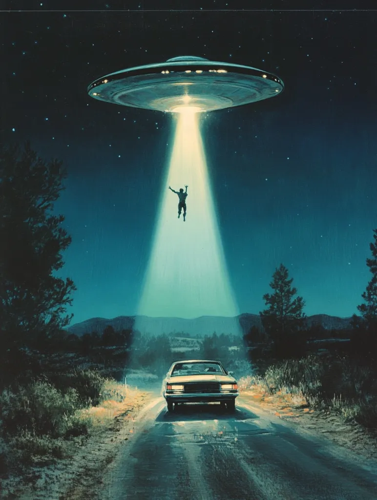 A classic UFO abduction scene unfolds under a starlit sky. A silver flying saucer hovers above a deserted road, its beam of light illuminating a lone figure falling from the craft.  A vintage car drives towards the beam, seemingly oblivious to the extraterrestrial event. The scene is rendered in a retro-futuristic style, evoking a sense of mystery and otherworldly encounter.  Silhouetted trees and a distant mountain range complete the nocturnal landscape.