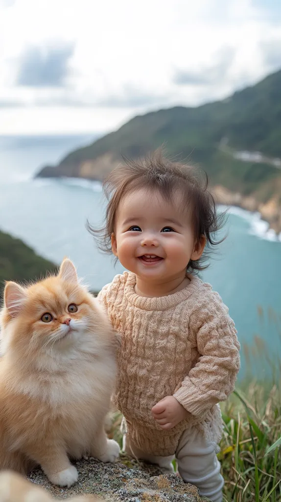 A joyful baby, dressed in a light beige knitted sweater and pants, sits on a rock overlooking a tranquil ocean scene.  Beside the baby is a fluffy, light orange Persian cat, gazing attentively. The baby's radiant smile and the calm coastal backdrop create a heartwarming and idyllic image. The scene is peaceful and serene, capturing a moment of pure happiness between child and pet.
