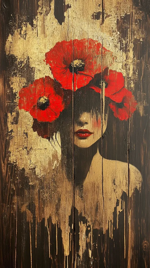 A stylized portrait of a woman is painted on a dark wooden background with gold accents.  Three large, vibrant red poppies obscure her eyes and forehead, creating a mysterious and evocative image. The woman's face, partially hidden, features red lips and a subtle hint of blush.  The wood grain is visible through the paint, adding texture and depth to the artwork. The overall aesthetic is dark, romantic, and slightly melancholic.