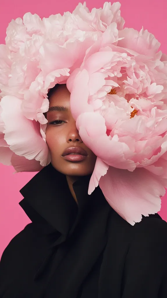 A woman's face is partially obscured by a large, light pink peony blossom in this striking close-up shot.  The vibrant pink background contrasts sharply with her dark clothing and the soft petals. Her expression is serene, her dark eyes and full lips visible despite the flower's placement. The image evokes a sense of delicate beauty and contrasts textures, creating a visually captivating scene.