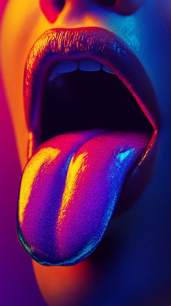 Here's a description of the image:

Close-up view of a woman's open mouth with her tongue extended. The image is strikingly vibrant, bathed in a dramatic interplay of neon-like colors, predominantly purple, orange, and blue.  The lighting creates a strong contrast and highlights the texture of the lips and tongue, which appear almost iridescent. The overall effect is both sensual and surreal, with a focus on the intense color and form.