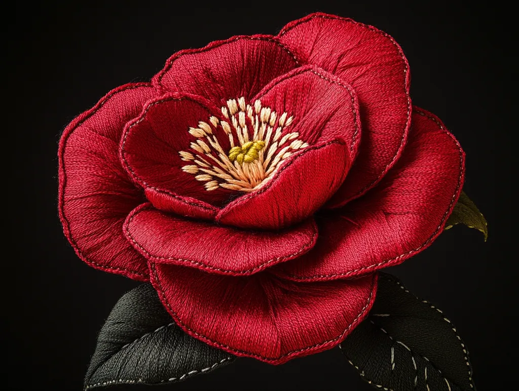 A stunning close-up reveals a meticulously crafted, crimson camellia flower, fashioned entirely from embroidered thread.  The deep red petals, defined by precise stitching, create a remarkably realistic texture.  Delicate, creamy-yellow stamens add a touch of contrast to the rich color.  Simple, dark green leaves, equally detailed with embroidery, complete the composition against a stark black backdrop. The artistry is breathtaking in its detail and realism.