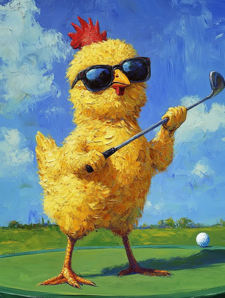 Here's a description of the image:

A vibrant, impasto-style painting depicts a fluffy yellow chick, sporting dark sunglasses, poised on a putting green.  The chick grips a golf club, its stance suggesting concentration. A golf ball rests nearby. The background features a bright blue sky with fluffy clouds and a distant, idyllic landscape. The overall style is playful and humorous, with a focus on the unexpected juxtaposition of a chick playing golf. The thick paint application adds a textured quality to the artwork.