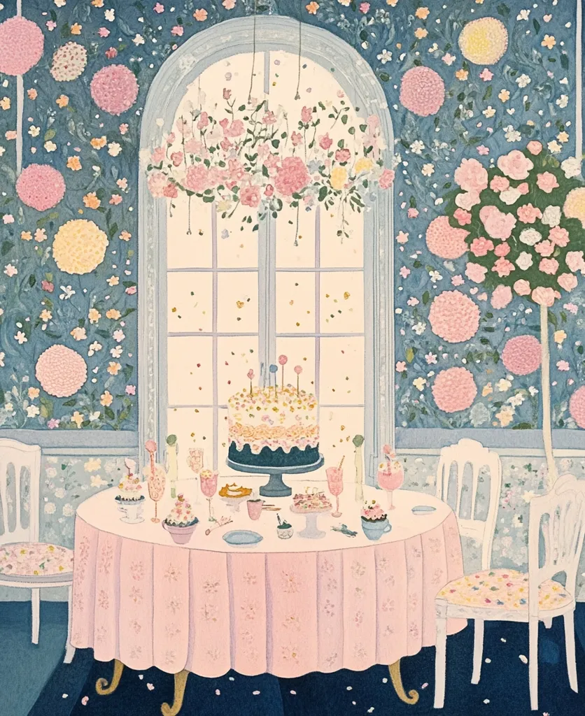 A pastel-colored illustration depicts a celebratory scene. A round table draped in pink fabric is laden with a multi-tiered cake, sweets, and drinks.  Two white chairs with floral patterns flank the table.  The backdrop features a large arched window adorned with a floral garland, and walls covered in a whimsical floral wallpaper with pom-poms. Confetti is scattered on the floor, adding to the festive atmosphere. The overall style is quaint and charming, suggesting a birthday or special occasion.