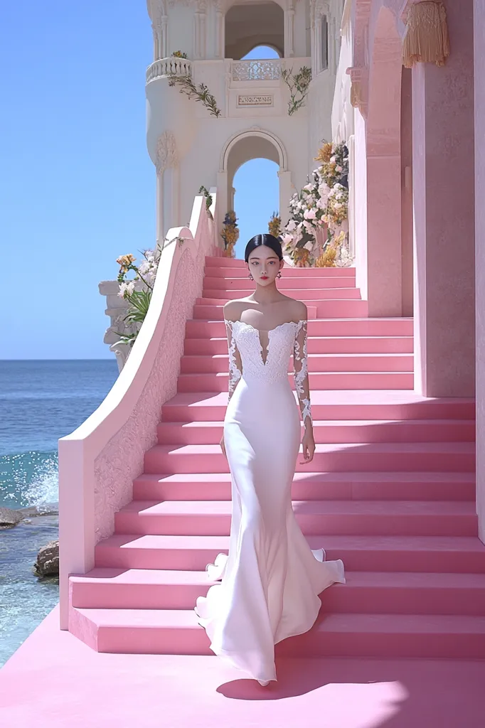A young woman in a form-fitting, off-the-shoulder white wedding gown with long sleeves descends a vibrant pink staircase. The staircase leads to a beautiful ocean view.  The backdrop features a picturesque white building with classical architectural details, adorned with floral arrangements. The scene is bright, airy, and evokes a romantic, fairytale-like atmosphere.