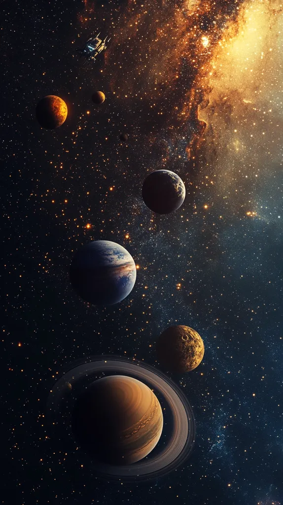 A breathtaking cosmic scene unfolds, showcasing a vibrant nebula in warm gold and orange hues.  Several planets of varying sizes and colors, some ringed, orbit within a star-studded expanse.  A small spacecraft is visible, adding a sense of scale and exploration. The image evokes a feeling of vastness and wonder, highlighting the beauty and mystery of the universe.