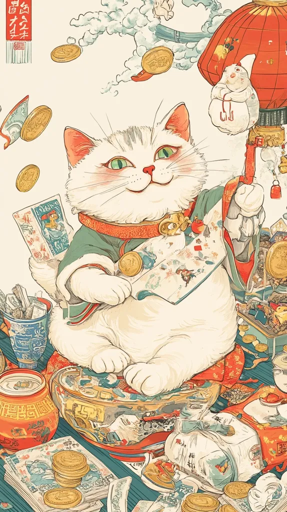 A charming illustration depicts a large white cat, adorned in a traditional Chinese-style robe, seated amidst a profusion of gold coins and currency.  The cat, possibly a Maneki-neko (beckoning cat), holds envelopes and appears prosperous.  A red lantern and other auspicious symbols enhance the image's celebratory atmosphere, suggestive of wealth and good fortune. The style is a blend of traditional Asian art and modern illustration techniques, creating a visually rich and appealing scene.