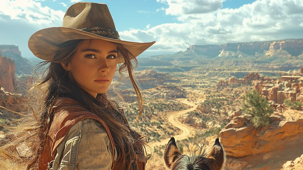 A young woman with long brown hair, wearing a weathered brown cowboy hat and leather vest, sits astride a horse.  Her gaze is directed towards the viewer, a serious expression on her face. The backdrop is a dramatic, expansive desert landscape of red rock formations and winding canyons under a partly cloudy sky. The overall feeling is one of adventure and the American West.