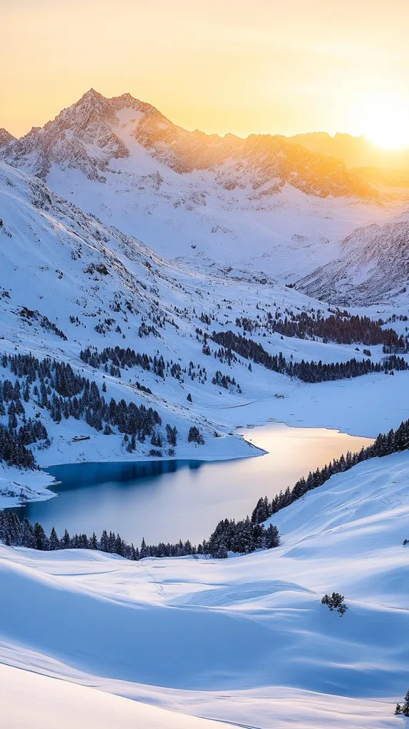 A breathtaking winter scene unfolds at sunset.  Snow-covered mountains rise majestically, bathed in the warm golden light.  A serene, partially frozen lake nestles in a valley below, its surface reflecting the sky.  Dark evergreen trees dot the landscape, contrasting sharply with the white snow. The overall impression is one of peaceful, majestic beauty.