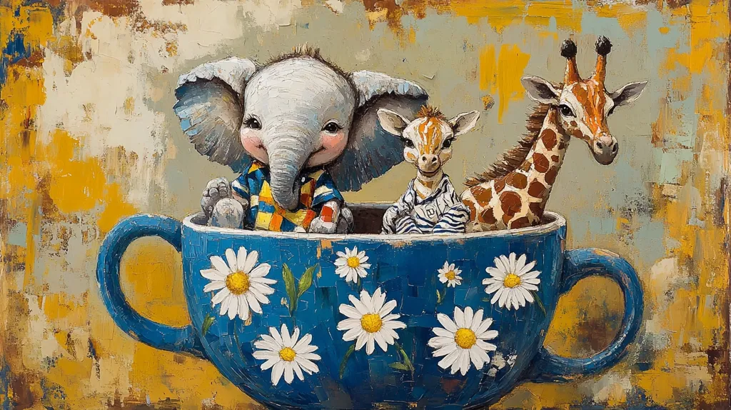 A whimsical painting depicts a baby elephant, giraffe, and baby giraffe nestled inside a large blue teacup adorned with white daisies.  The animals are anthropomorphized, wearing clothes and appearing content. The textured paint style gives the piece a rustic charm against a warm yellow and grey background. The overall mood is playful and endearing.