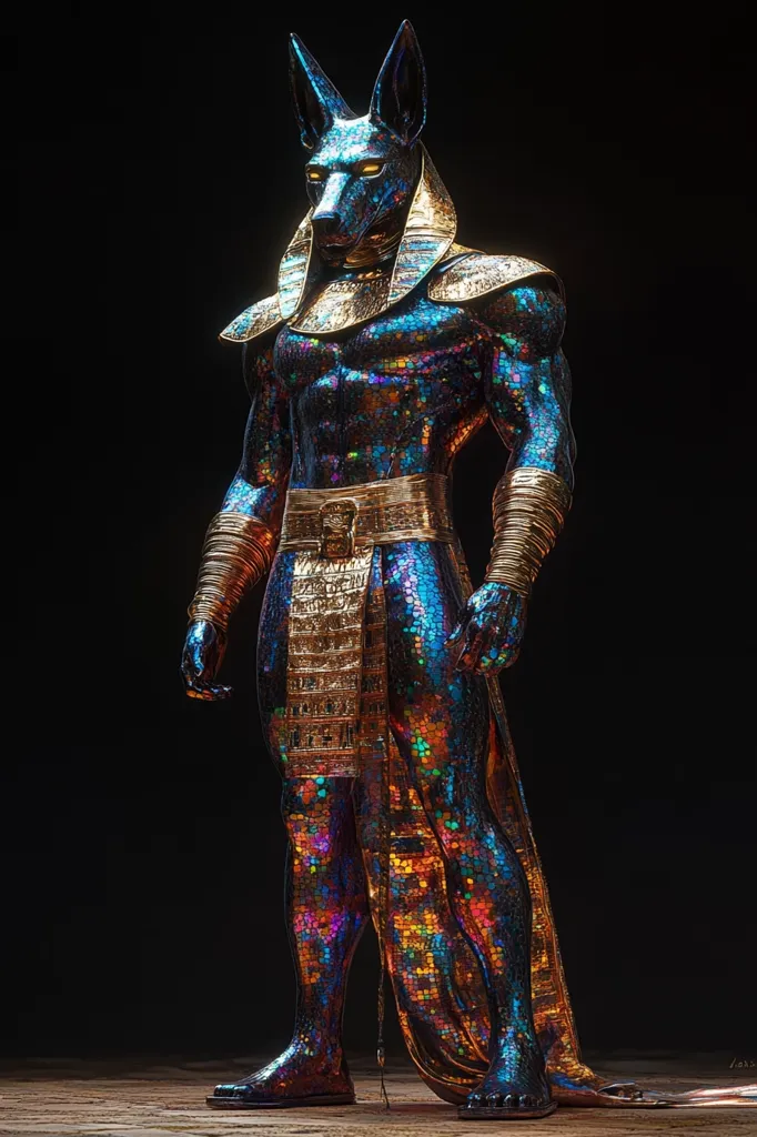 Here's a description of the image:

The image showcases a striking, digitally rendered depiction of Anubis, the ancient Egyptian god.  He is portrayed with a muscular, humanoid physique, but retains his jackal head.  His body is covered in a shimmering, iridescent mosaic-like material, primarily dark blues and purples, accented with gold and other metallic hues.  He is adorned in traditional Egyptian attire, including a gold collar, armbands, and a richly detailed kilt.  The background is a stark black, emphasizing the figure's intricate details and vibrant coloration.  The overall style is a blend of ancient Egyptian iconography and modern digital art techniques.