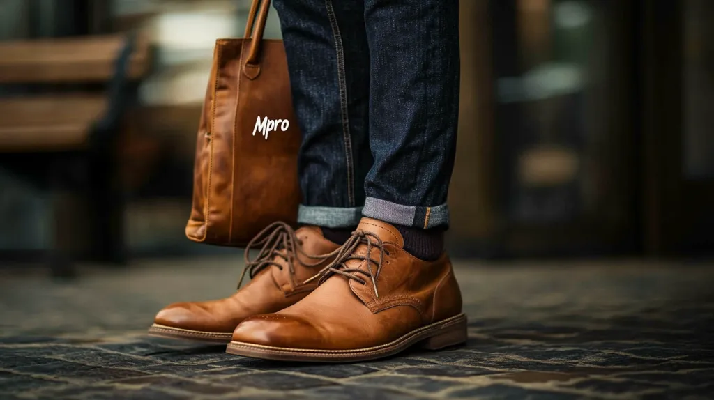 Here's a description of the image:

Close-up view of a person's lower legs and feet, showcasing a pair of well-worn, light brown leather oxfords. The shoes are laced and have a classic, slightly pointed toe. The individual is wearing dark blue jeans, casually cuffed at the ankles, and brown socks.  A brown leather tote bag with the word "Mpro" subtly written on it rests beside the person's feet. The setting appears to be outdoors, on a textured stone pavement, with a blurred background suggesting a city or urban environment. The overall feel is one of casual sophistication.