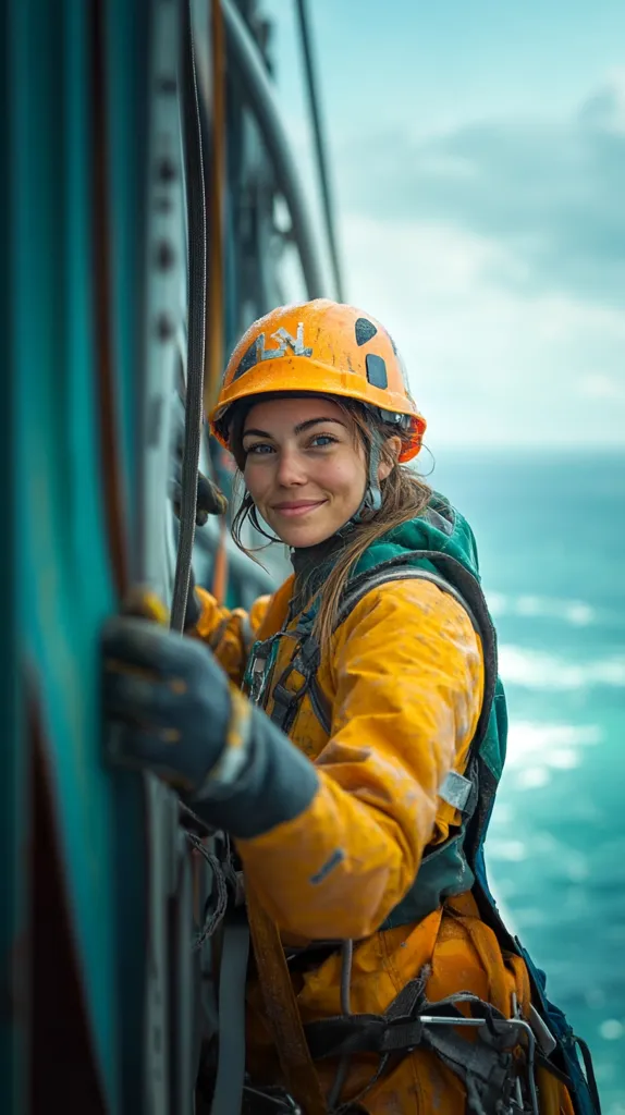A young woman with a cheerful expression is captured mid-climb on an offshore structure.  She wears a bright yellow waterproof suit, safety harness, and hard hat, her long brown hair partially visible.  The ocean stretches out behind her, a blurry expanse of blue-green water under a cloudy sky.  Her confident posture and focused gaze suggest a skilled and capable worker in a challenging environment. The teal metal structure she's climbing dominates the left of the frame.
