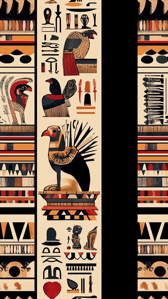 This image depicts a stylized representation of ancient Egyptian hieroglyphs and motifs. A central column features birds, symbolic figures, and geometric patterns in a palette of beige, red, black, and orange, resembling a painted wall or papyrus scroll. Flanking this central column are symmetrical borders with repeating geometric designs, creating a balanced, almost tapestry-like effect. The overall style is a blend of ancient Egyptian iconography and modern graphic design.
