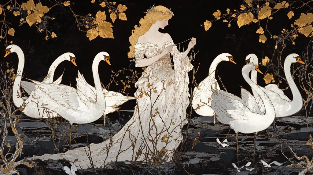 Here's a description of the image:

The artwork depicts a blonde woman in a flowing white gown, adorned with a crown of leaves, standing amidst a group of elegant white swans. The scene is set against a dark background accented with gold leaf detailing on branches and leaves. The woman delicately holds a string or thread, her expression serene and contemplative. The swans are rendered with detailed feathers and graceful postures. The overall style is reminiscent of Art Nouveau, with a focus on flowing lines and decorative elements. The color palette is limited, using mainly shades of white, gold, and black, which create a striking contrast and a sense of elegance.