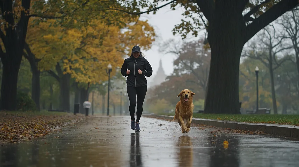 A woman in a black jacket and cap jogs down a rain-slicked path, her golden retriever running happily beside her.  Autumn leaves carpet the ground and line the path, which is bordered by trees with yellowing foliage.  In the background, a building, possibly a capitol dome, is faintly visible through the misty rain. The overall mood is serene and autumnal.
