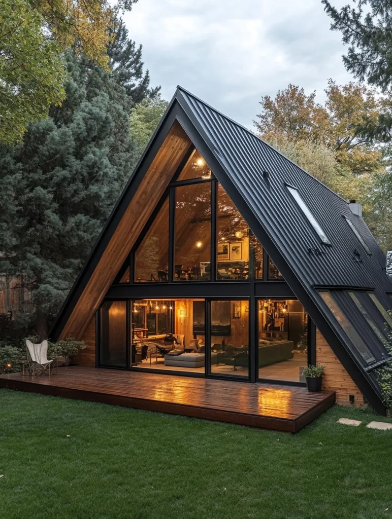 Here's a description of the image:

A modern A-frame cabin, nestled amidst lush green lawns and tall trees, is illuminated from within. Its dark metal roof contrasts sharply with the warm, exposed wood interior visible through expansive windows.  A large deck extends from the front, offering outdoor space. The interior is dimly lit, hinting at a cozy and inviting living space.  The overall style is a blend of rustic and contemporary design, creating a tranquil, secluded atmosphere.