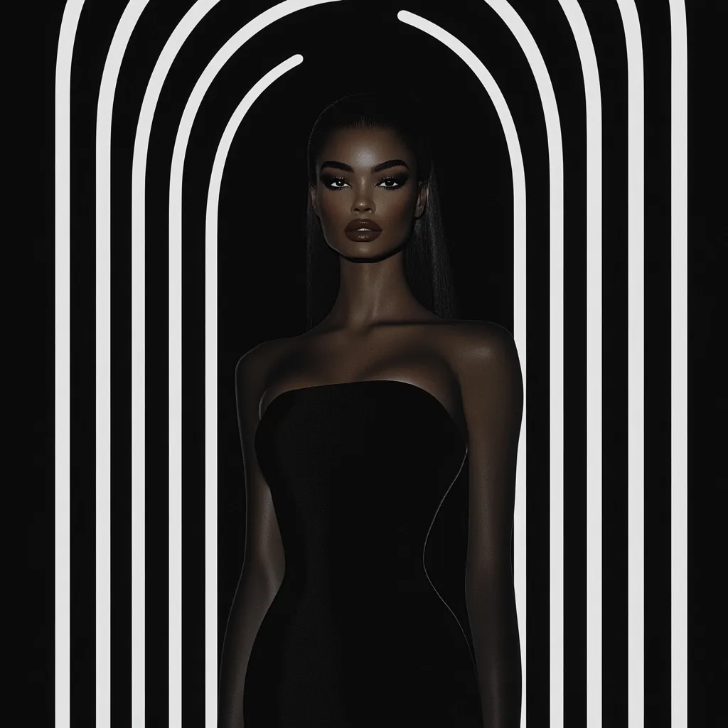 A striking image of a dark-skinned woman, elegantly poised in a simple black strapless dress. Her dark hair falls straight, framing her face.  She stands against a stark backdrop of parallel, arched white neon lines creating a graphic, high-contrast effect. The overall mood is sophisticated and minimalist, with a focus on the model's beauty and the bold visual design.