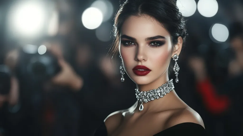 Here's a description of the image:

A glamorous woman with dark hair styled up,  poses for photographers.  She's adorned in sparkling diamond earrings and a choker necklace, complementing her dark smoky eye makeup and bold red lipstick. The background is blurred, suggesting a red carpet event or similar high-profile occasion, with out-of-focus cameras and onlookers visible.  Her expression is confident and poised, capturing the essence of elegance and sophistication.