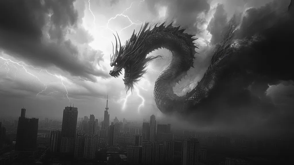 A dramatic black and white image depicts a colossal, serpentine dragon looming over a sprawling city.  Lightning flashes across a stormy sky, adding to the ominous atmosphere. The dragon's immense size dwarfs the skyscrapers, creating a sense of impending doom. The image is highly stylized, blending realistic city architecture with a fantastical, monstrous creature. The contrast between the dark dragon and the lighter city creates a striking visual impact.