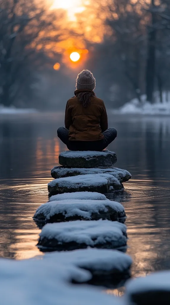 Here's a description of the image:

A person, wearing a brown jacket and a light-colored beanie, sits cross-legged atop a series of snow-dusted rocks extending into a calm, reflective body of water. The setting sun casts a warm orange glow behind them, partially obscured by bare winter trees. The scene is peaceful and serene, evoking a sense of solitude and contemplation amidst the tranquil winter landscape.  The water reflects the sunset's colors and the snowy rocks, creating a beautiful, symmetrical composition.