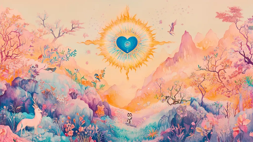 This watercolor painting depicts a whimsical, dreamlike landscape.  Pastel pinks, oranges, and blues dominate the color palette.  A central, radiant sun-like form holds a vibrant blue heart at its core.  The scene includes stylized mountains, flowering trees, a deer, a small animal, and several birds. The overall feeling is one of peace, serenity, and magical realism. The artwork suggests a harmonious balance between nature and spirituality.