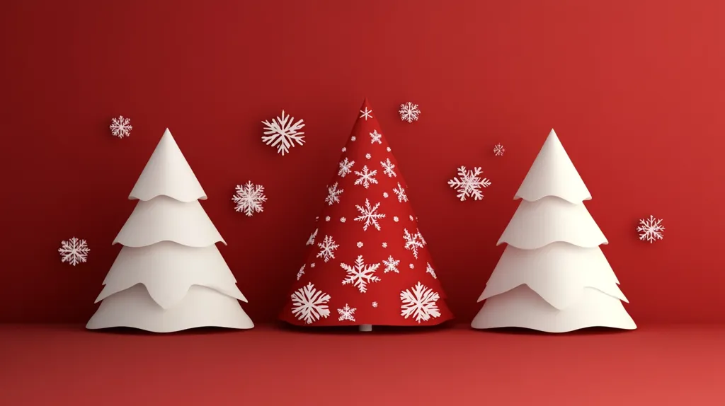 Here's a description of the image:

The image showcases a minimalist Christmas scene.  Three stylized Christmas trees stand against a solid red background. Two are white, simple in design, and flanking a central, red tree adorned with white snowflake cutouts.  Small, white paper snowflakes are scattered around the trees, enhancing the festive, geometric aesthetic. The overall style is clean and modern, with a strong contrast between the red and white elements.