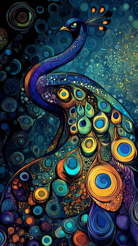 The image is a stylized peacock depicted in a vibrant, abstract manner.  Its plumage is rendered as a swirling mosaic of teardrop and circular shapes in deep blues, greens, oranges, and yellows. The background features a similar pattern of circles and organic forms, creating a cohesive, almost psychedelic effect. The peacock's neck and head are elegantly curved, contrasting with the energetic pattern of its tail feathers. The overall style is reminiscent of stained glass or mosaic art.