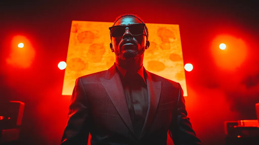 Here's a description of the image:

The image is a dramatic portrait of a man in a dark suit and sunglasses, bathed in intense red light. The background features a large, textured orange square, possibly a screen or backdrop, and additional red lighting creates a moody atmosphere. The man's face is partially shadowed, adding to the mysterious and intense feel. The overall effect is one of style and intrigue, possibly suggestive of a music video or promotional shot.