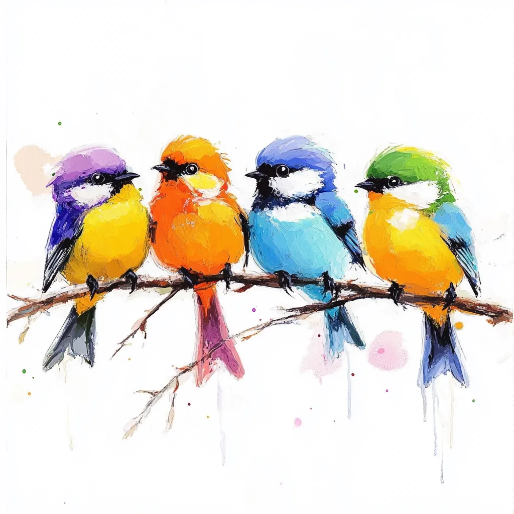 The painting showcases four vibrantly colored birds perched on a slender branch against a white background.  Each bird is a unique, bold hue: yellow-orange, bright orange, azure blue, and a sunny yellow with a green head.  The style is painterly and expressive, with visible brushstrokes and splatters of paint adding texture and movement.  The birds are depicted in a cheerful, almost cartoonish manner, creating a lively and whimsical feel.