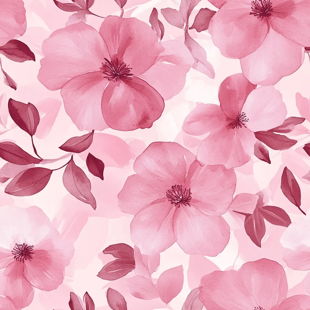 Here's a description of the image:

The image is a seamless pattern of blush pink watercolor flowers and leaves on a pale pink background.  The flowers are large and loosely painted, giving a soft, romantic feel.  They have multiple layers of petals and dark pink centers.  The leaves are a deeper, burgundy-pink shade, adding contrast to the lighter flowers. The overall style is delicate and feminine, ideal for fabric prints or wallpaper.  The watercolor technique creates a slightly blurred, ethereal effect.