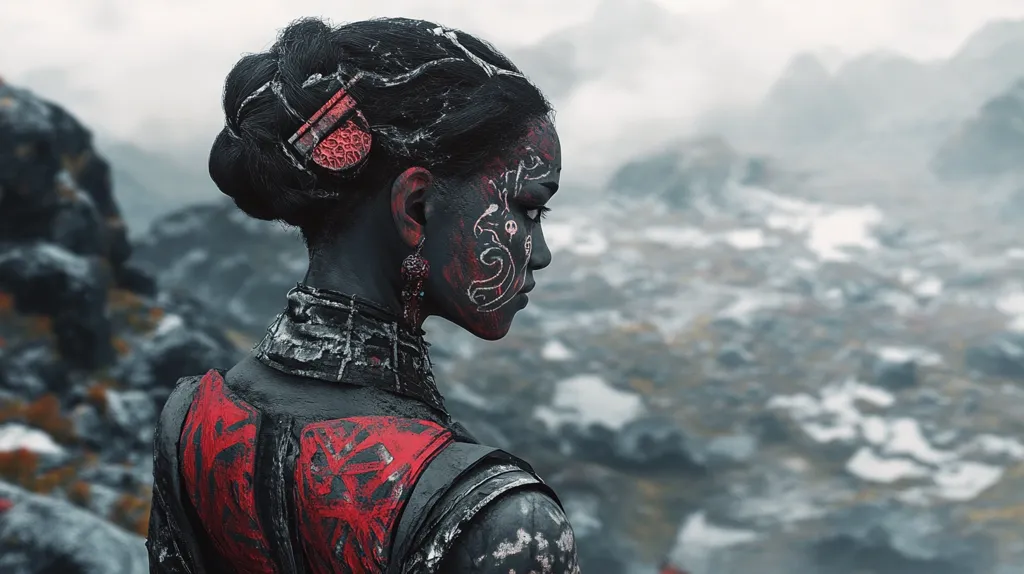 A stylized female figure, her dark skin adorned with intricate red and white tribal markings, stands against a blurred backdrop of a misty, rocky landscape.  Her black hair is styled in an updo, accented by a coral-colored ornament.  She wears dark, textured clothing with red accents, suggesting a warrior or mystical character. The overall mood is dark, dramatic, and evocative of fantasy or mythology.