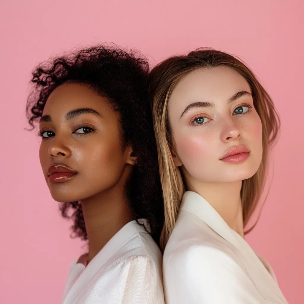 Two young women, one with dark curly hair and brown skin, the other with long blonde hair and fair skin, stand back-to-back against a pink backdrop.  Both are wearing crisp white blouses.  They look directly at the camera, showcasing their diverse beauty and natural makeup. The image is a portrait emphasizing contrast and unity.