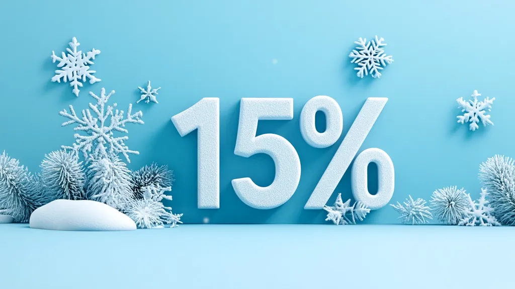 Here's a description of the image:

The image shows a winter-themed sale advertisement.  Large, textured, light-blue numerals "15%" are centrally positioned against a pale-blue background.  Surrounding the numbers are small, stylized, snow-covered evergreen branches and snowflakes, creating a festive, wintry scene.  The overall design is clean, minimalist, and conveys a sense of seasonal discount or promotion. The color palette is consistently cool and calming.