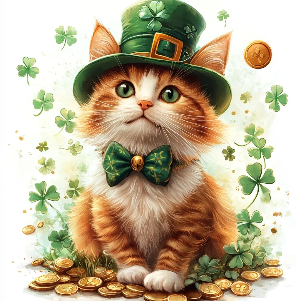 Here's a description of the image:

An adorable ginger kitten is the centerpiece of this St. Patrick's Day-themed illustration.  It wears a jaunty green leprechaun hat and a matching bow tie, sitting amidst a pile of gold coins and surrounded by shamrocks.  The kitten's expression is sweet and curious, its green eyes sparkling. The style is digitally painted, with a soft, slightly watercolor-like effect, creating a whimsical and festive atmosphere.  Scattered gold coins and shamrocks add to the celebratory feel.
