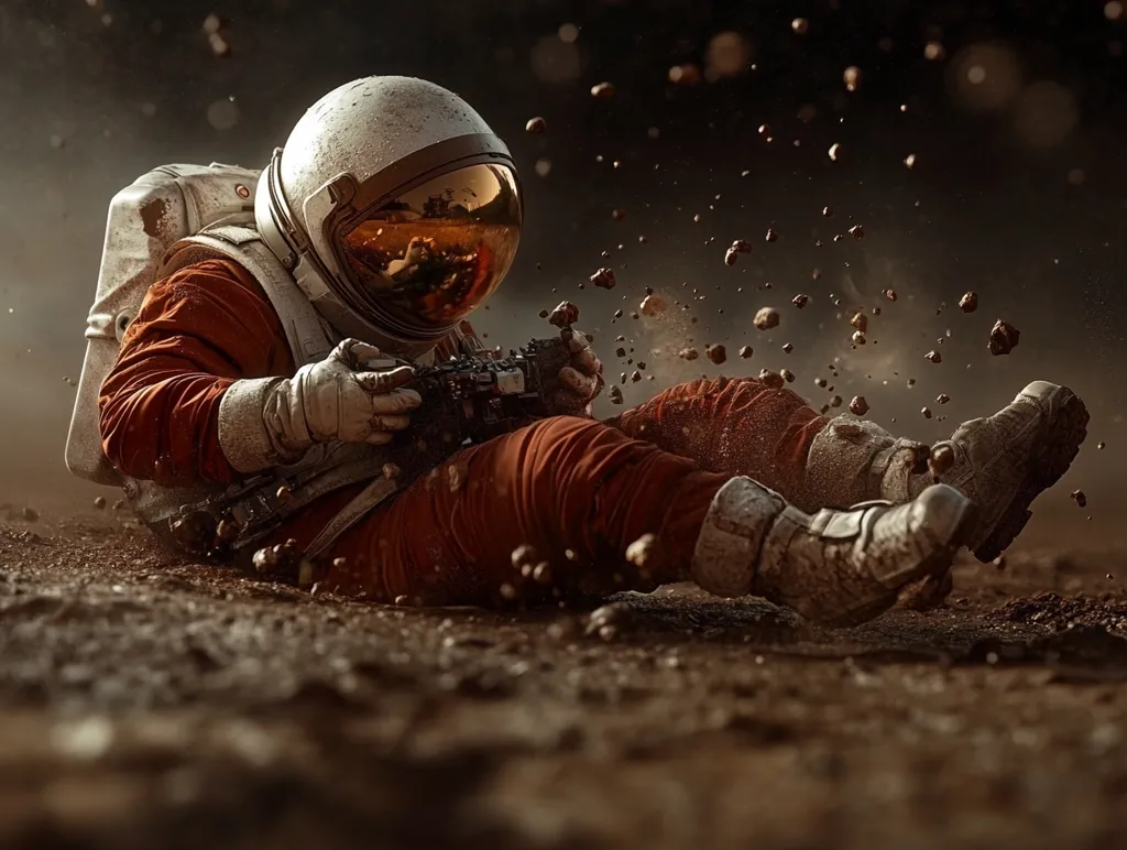 An astronaut in a rusty orange suit is sprawled on a desolate, rocky surface.  Debris rains down around them as they appear to be interacting with a small device. The helmet's reflective visor shows a blurred, orange landscape. The scene is dramatic, suggesting a moment of action or a challenging environment on an alien planet.  Dust and small rocks fill the air and ground around the fallen astronaut.