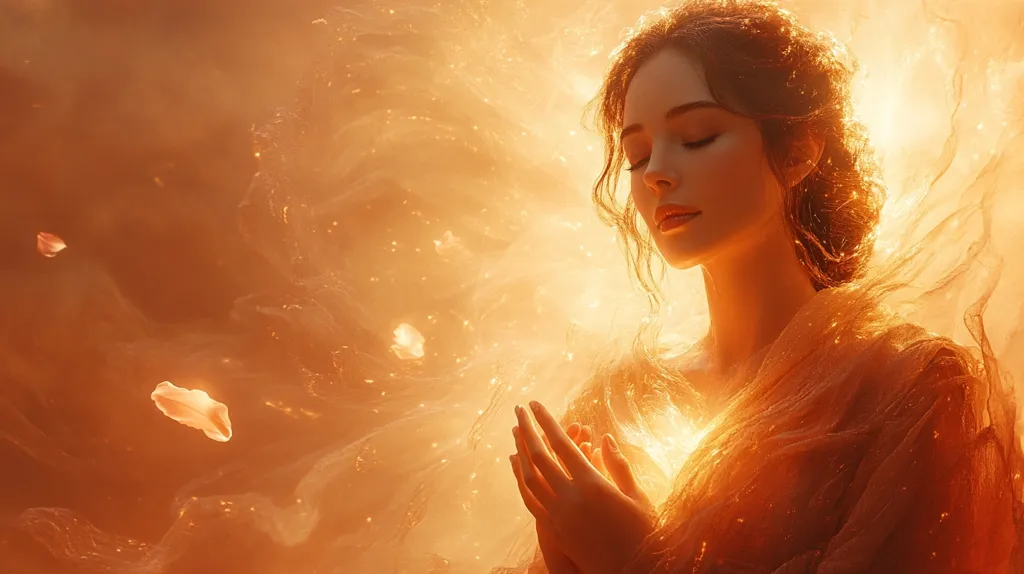 Bathed in warm, golden light, a woman with dark hair styled in an updo stands serenely.  She wears a flowing, translucent garment that seems to blend with the ethereal, glowing background.  Her eyes are closed, hands clasped at her chest, suggesting a moment of peace or prayer.  Delicate, petal-like shapes drift in the air around her, adding to the image's mystical and dreamlike quality. The overall impression is one of serenity, otherworldliness, and inner light.