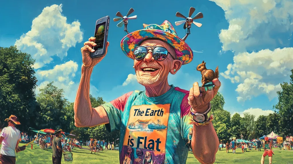 A joyful, elderly man with vibrant tie-dye clothing and a whimsical hat adorned with small propellers, holds a smartphone and a tiny squirrel.  His shirt proclaims "The Earth is Flat."  He's depicted in a sunny park setting, with a bustling festival visible in the background, suggesting a playful commentary on belief systems and modern technology within a community atmosphere.  The artwork is rendered in a stylized, almost painterly digital format with bright, saturated colors.
