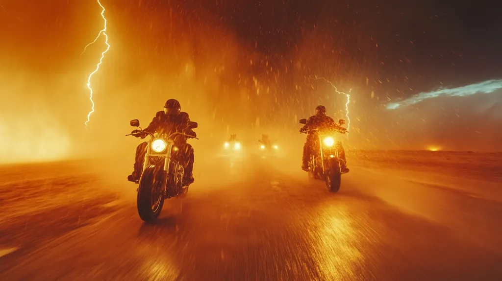 Here's a description of the image:

A dramatic nighttime scene depicts a group of motorcyclists riding through a torrential downpour illuminated by streaks of lightning.  The intense orange glow of the storm dominates the sky and reflects off the wet road. The bikers, silhouetted against the fiery backdrop, are focused intently on the road ahead. Their headlights cut through the rain, creating streaks of light. The overall mood is one of raw power and adventurous defiance against the elements.  The image is evocative of freedom and a thrilling, yet perilous, journey.