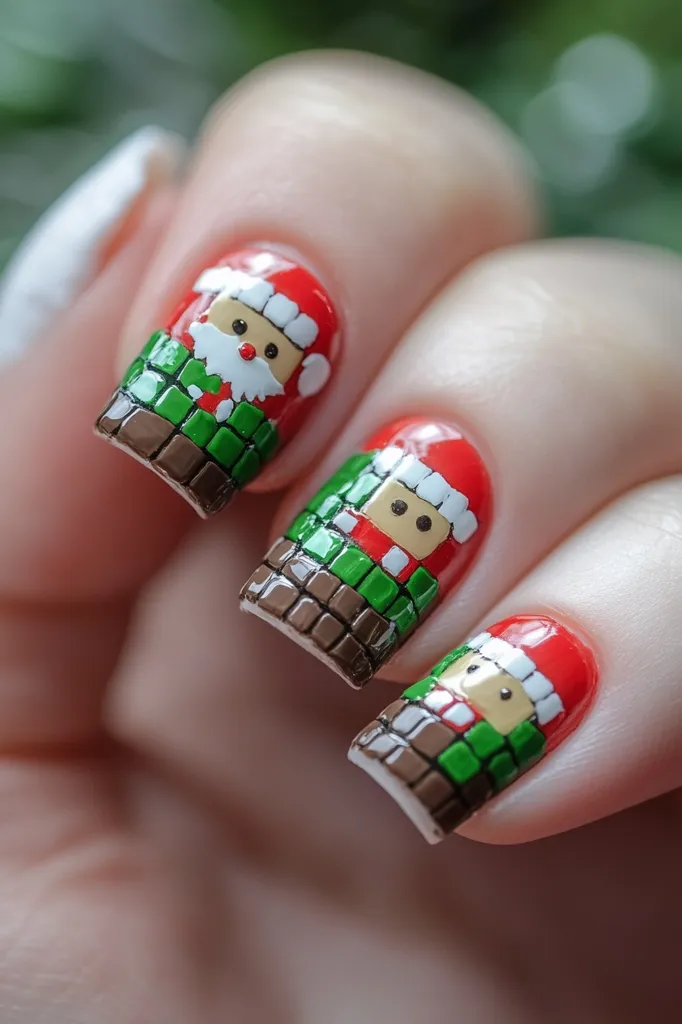 Here's a description of the image:

Close-up view of a hand showcasing intricately designed Christmas-themed nail art. Three fingernails feature miniature Santa Claus figures depicted in a pixelated style, wearing red hats and green outfits.  They appear to be emerging from brown brick-like sections at the base of the nail, creating a chimney effect. The nails are polished with a glossy red and the overall effect is festive and detailed. The background is blurred, suggesting a shallow depth of field, and hints at a green-toned setting.