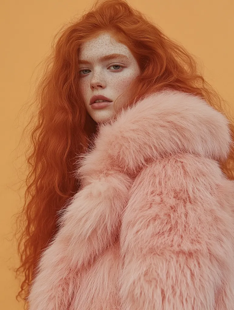 Here's a description of the image:

Close-up view of a young woman with vibrant, long, curly red hair and fair skin sprinkled with freckles. She's wearing a pale pink fluffy coat or jacket that resembles faux fur. The coat's texture is prominent, with soft, long fibers. The background is a solid, muted orange, which contrasts with both the woman's hair and the coat. The woman's expression is neutral, her gaze directed slightly away from the camera. The overall image creates a soft, dreamy, and slightly whimsical mood.