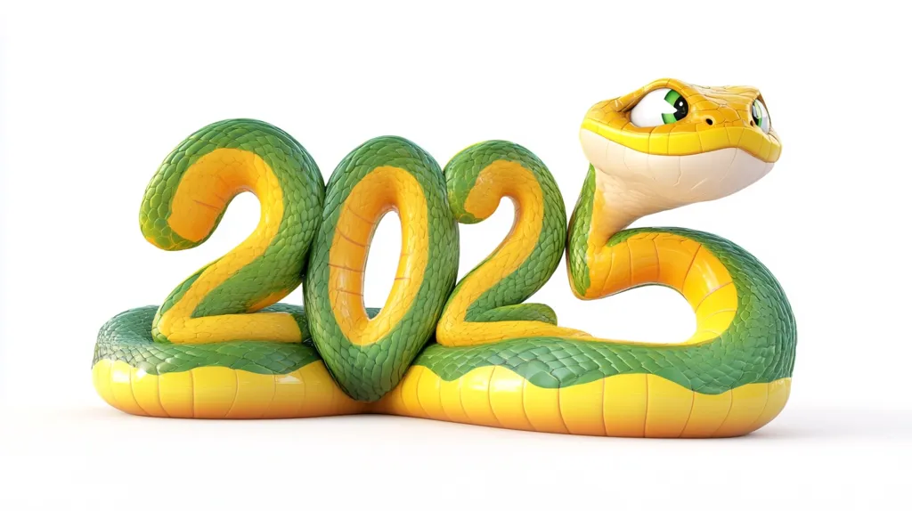 A whimsical, cartoonish snake forms the numbers "2025" against a white background. The snake is predominantly yellow-green, with a textured, segmented body. Its head is turned slightly upwards, giving it a curious expression. The snake's body is sculpted to create the digits, suggesting a playful celebration of the new year. The image is bright and cheerful, employing vibrant colors and a three-dimensional render style.