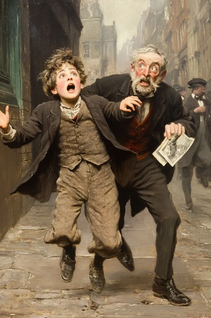 A painting depicts a dramatic scene on a cobblestone street. An older man, his face etched with worry, clutches a terrified boy who is airborne, his legs dangling.  The man holds a newspaper, suggesting a shocking event. The background hints at a bustling city street, with other figures partially visible, adding to the sense of urgency and chaos. The boy's wide-eyed fear and the man's distressed expression create a powerful narrative of a shared moment of crisis.  The overall style is realistic, capturing the textures of clothing and the details of the setting.