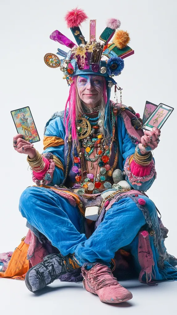 A person, adorned in vibrant, eclectic clothing and a fantastical headpiece constructed from various materials, sits cross-legged.  The attire is a patchwork of bright blues, pinks, and oranges, embellished with numerous beads, jewels, and trinkets.  The individual holds two tarot cards, suggesting a mystical or fortune-telling persona. The overall aesthetic is bohemian and whimsical, with a strong emphasis on colorful, handcrafted elements.  The background is a plain white, emphasizing the subject's flamboyant costume.