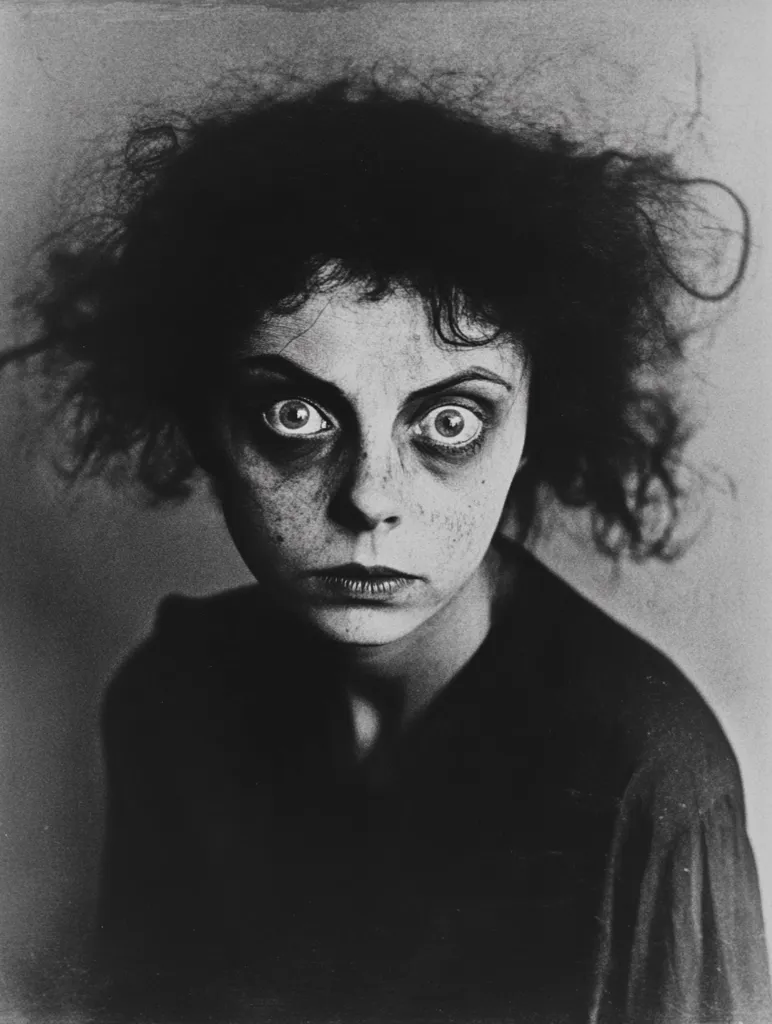 Here is a description of the image:

A black and white close-up portrait captures a young woman with wildly disheveled, dark hair. Her expression is intense, almost frantic, with wide, dilated eyes that convey a sense of fear or shock. Her face is freckled, and her skin appears somewhat pale.  She wears a dark, simple garment. The overall mood is dramatic and unsettling, with the stark contrast and lighting enhancing the emotional intensity. The photograph has a grainy texture consistent with older film photography.