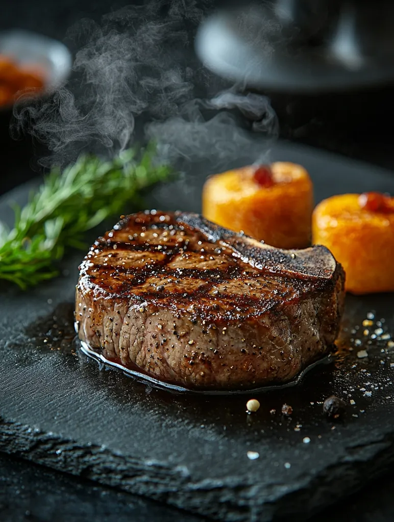 Here's a description of the image:

A perfectly seared steak, glistening with juices, sits center stage on a dark slate.  Steam gently rises from its surface, hinting at its recent removal from the heat.  The steak is accompanied by two golden-brown, almost-spherical sides, possibly potato croquettes, and a sprig of rosemary adds a touch of freshness. The overall impression is one of rich, delicious indulgence, captured in a moody, high-contrast photograph.  A scattering of salt and pepper on the slate completes the scene.