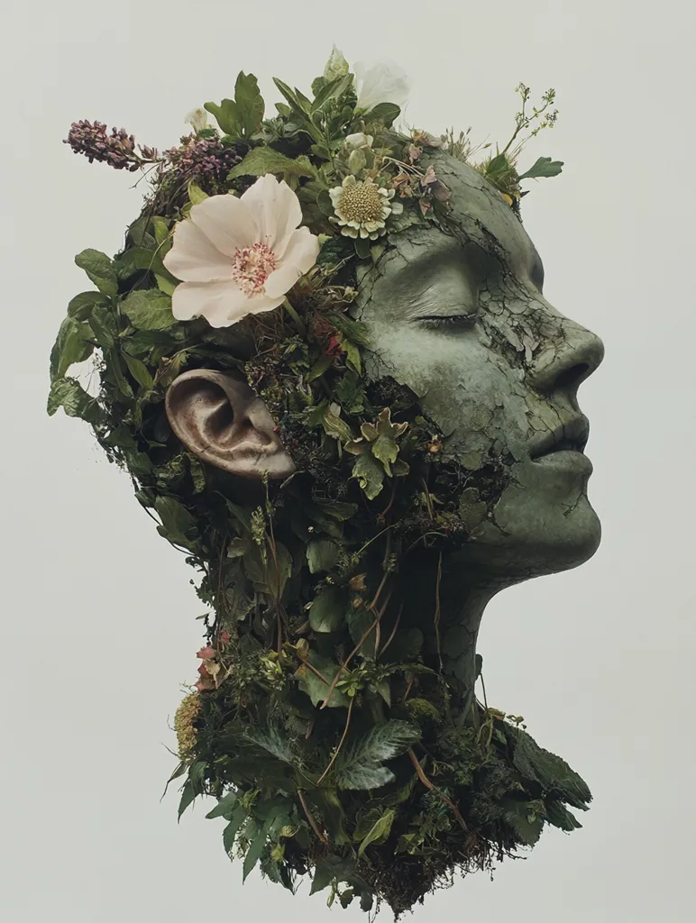 Here's a description of the image:

The image showcases a striking artistic sculpture, a head and neck seemingly crafted from a grey-green, cracked material, intricately adorned with a profusion of lush greenery and blossoms.  Various plants, including ferns, moss, and delicate flowers in shades of white and pink, sprout from and encrust the figure, creating a seamless blend of organic and sculpted elements. The head is tilted slightly, eyes closed, conveying a serene, almost ethereal quality. The overall effect is one of nature reclaiming or integrating with a human form, suggesting themes of interconnectedness and the passage of time.