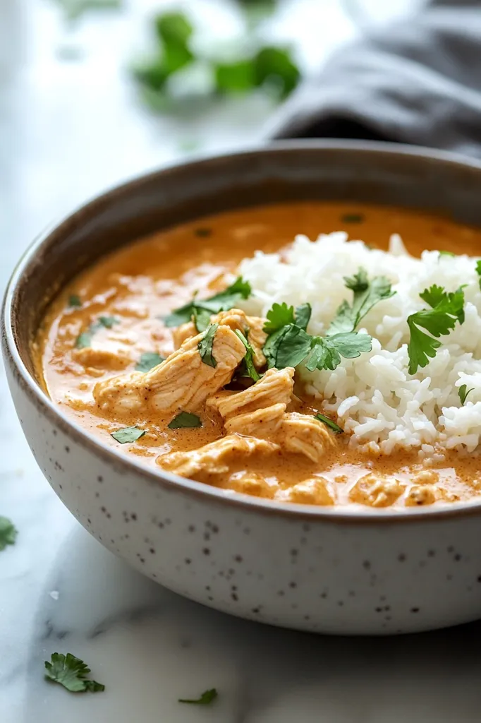 A close-up shot shows a bowl of creamy chicken tikka masala served over fluffy white rice.  The vibrant orange curry is generously topped with tender chicken pieces and fresh cilantro.  The speckled gray bowl rests on a marble surface, with additional cilantro sprigs scattered nearby. The overall presentation suggests a delicious and comforting meal.