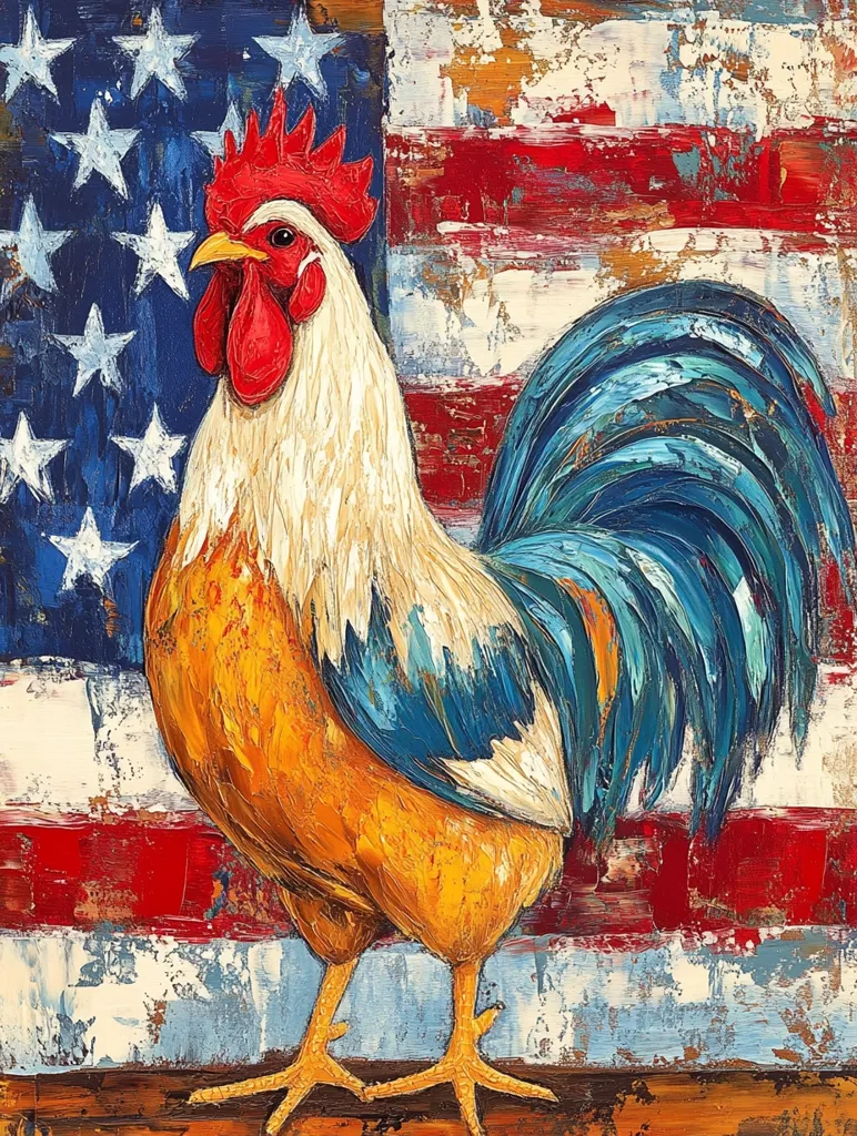 Here's a description of the image:

The painting depicts a rooster standing proudly against a backdrop of a textured, distressed American flag.  The rooster is rendered in vibrant, impasto style, with visible brushstrokes creating a three-dimensional effect on its plumage. Its feathers are predominantly orange-gold and teal-blue, contrasting sharply with the red, white, and blue of the flag. The flag itself is not a clean, crisp representation, but rather a stylized, almost abstract interpretation, emphasizing the texture and wear. The overall effect is a patriotic yet rustic and artistic portrayal of Americana.
